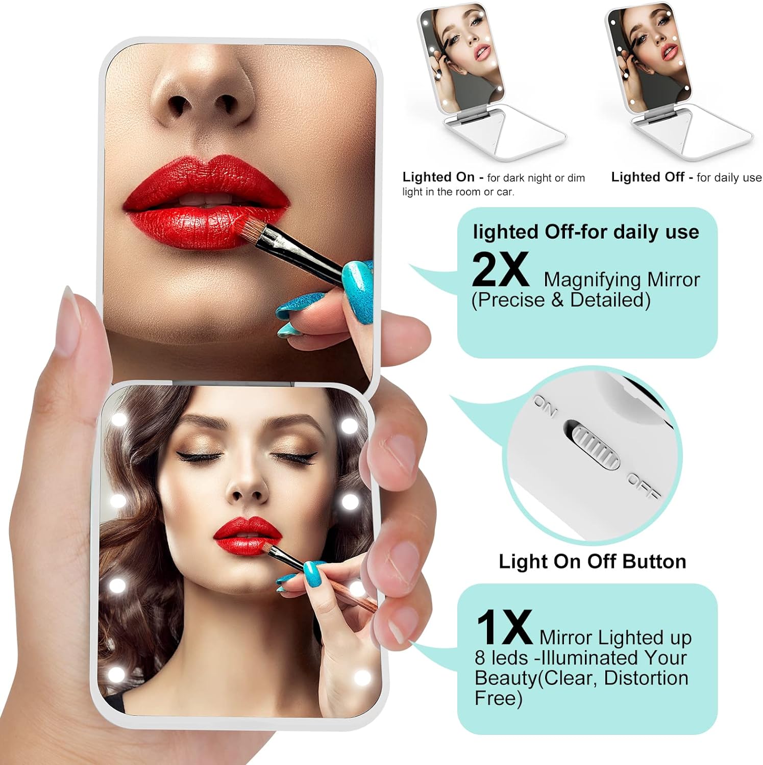 8 Led Visor Vanity Mirror Portable Pocket Mirror 2X Magnify Purse Mirror Lighted Comestic Mirror Mini Tail Comb Travel Makeup Mirror Shaving Power Battery Included Mirror Folded Beauty Mirror Gift