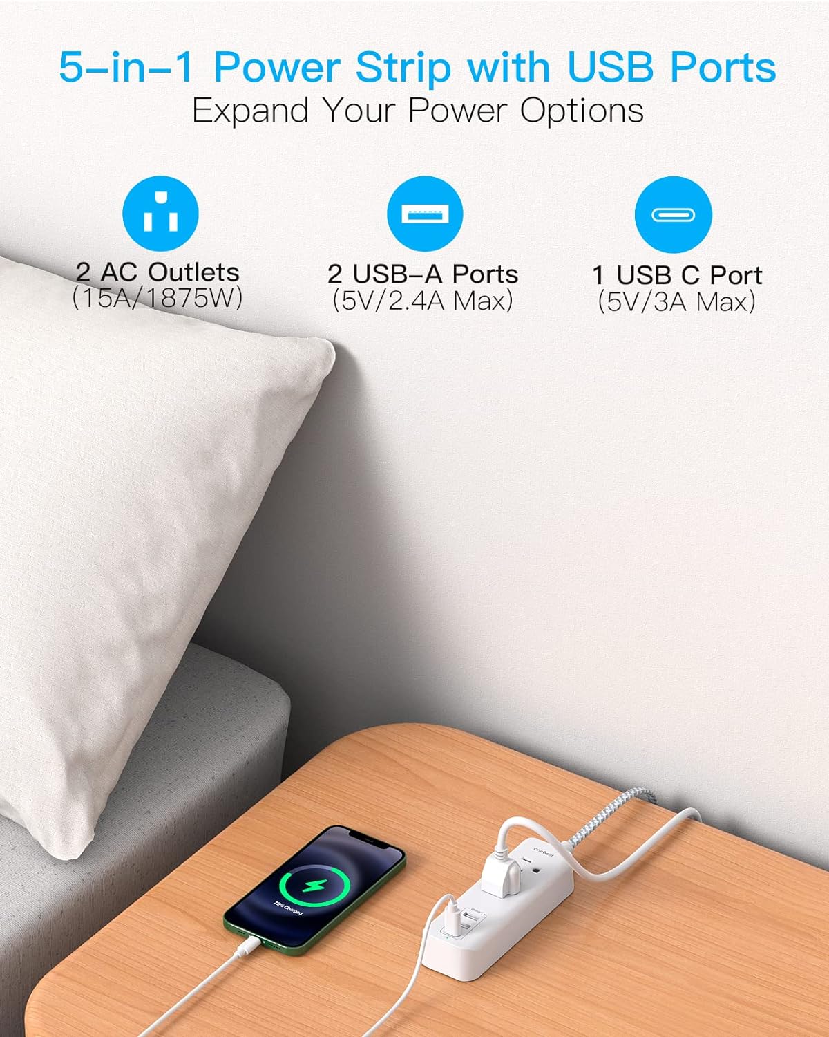 Cruise Essentials, Usb C Travel Power Strip, Flat Plug Power Strip With 2 Outlets 3 Usb Ports (1 Usb C), 5Ft Extension Cord Charging Station, Non Surge Protector For Cruise Ship, Travel, Home