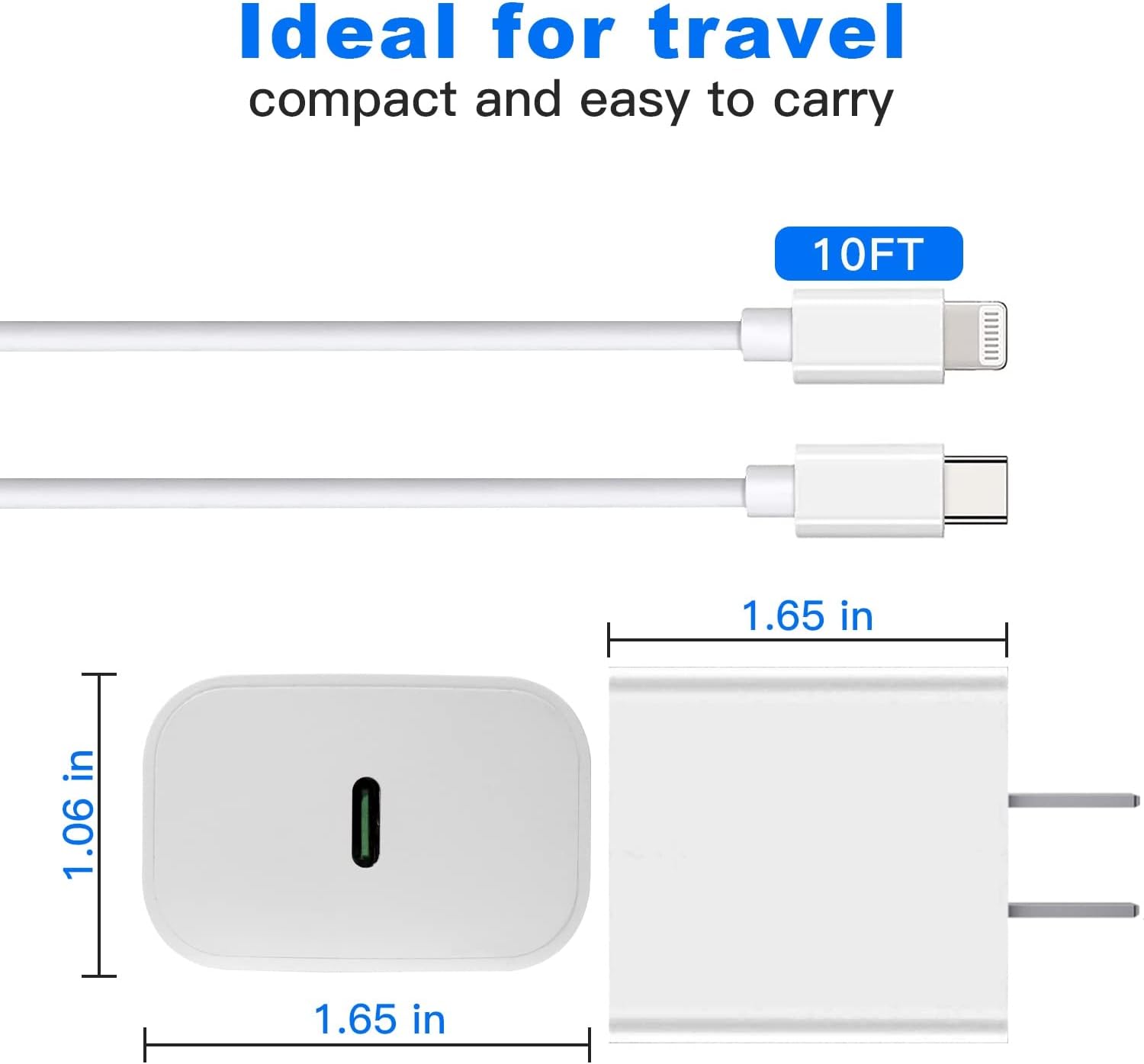 Mitesbony Iphone Fast Charger 10 Ft [Apple Mfi Certified] 2 Pack Pd 20W Usb C Charger Block With 10Ft Long Type C Lightning Cable For Iphone 14 13 12 11 Xs Xr X 8 Ipad,White