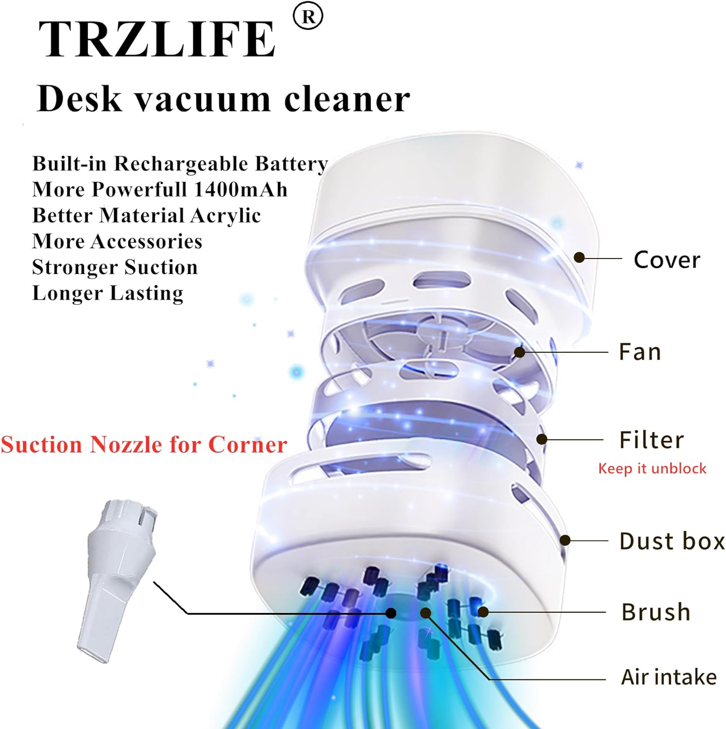 Trzlife Desk Vacuum Cleaner, Upgraded Mini Table Vacuum Improved Details Higher Suction More Durable Rechargeable Energy Saving Mini Vac Picks Up Tiny Items Crumbs Flakes For Desktop Drawer Countertop