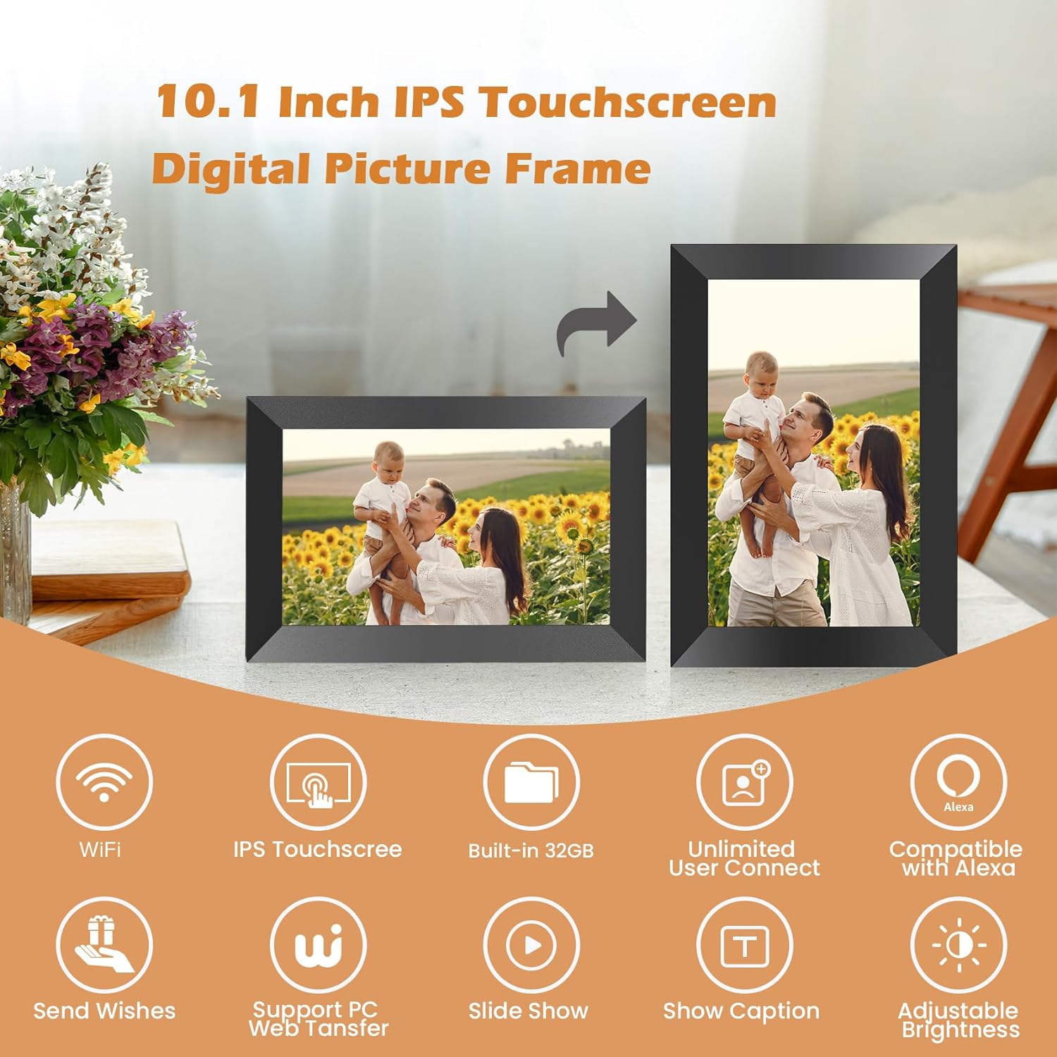 Wonnie 10.1 Inch Wifi Digital Picture Frame With 32Gb Memory, 1280X800Hd Ips Touch Screen Electronic Photo Frames, Easy Set-Up  Use, Instant And Private Photo-Sharing, Send Wishes, Auto-Rotate