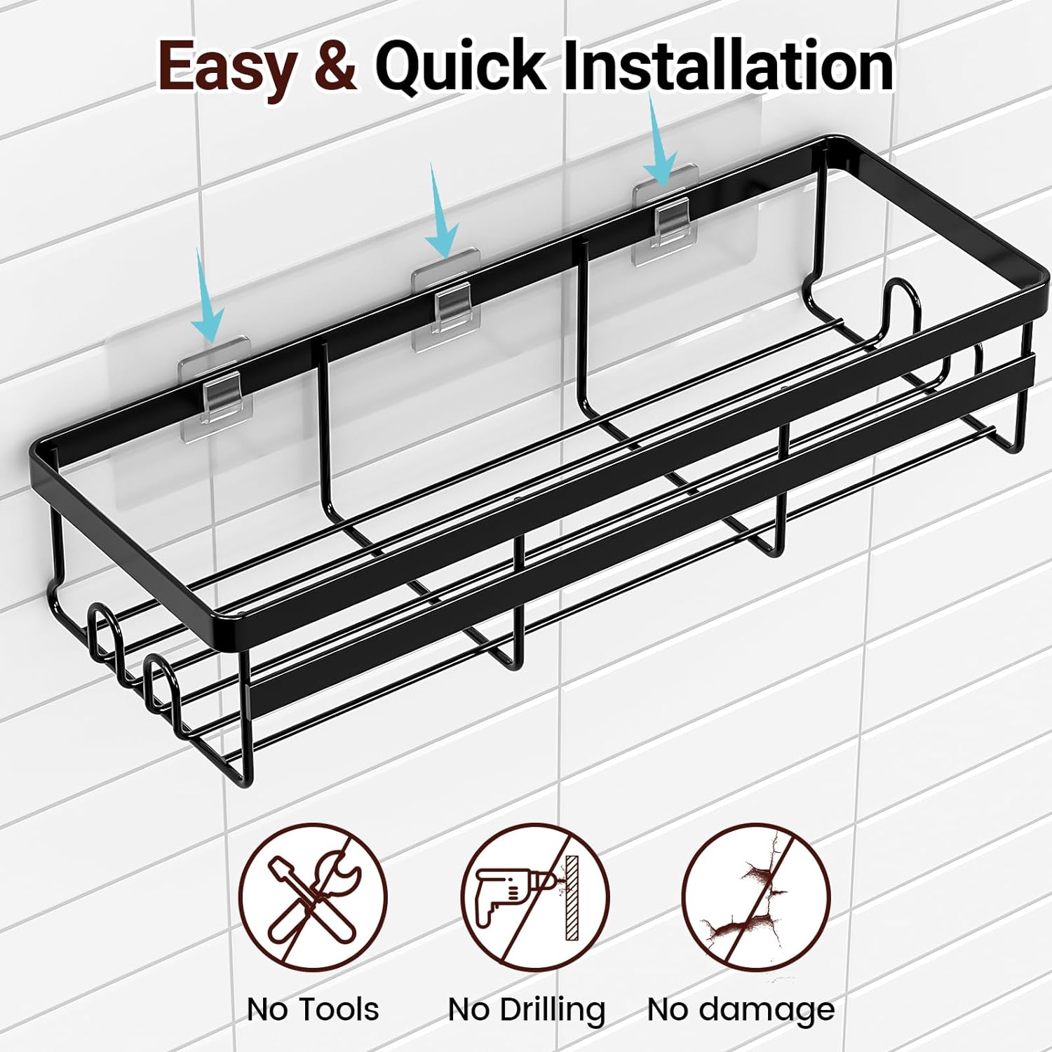 Wowbox Adhesive Shower Caddy Shelf, 2 Pack - Hanging Bathroom Organizer, No Drilling Stainless Black Shelves For Storage  Home Decor