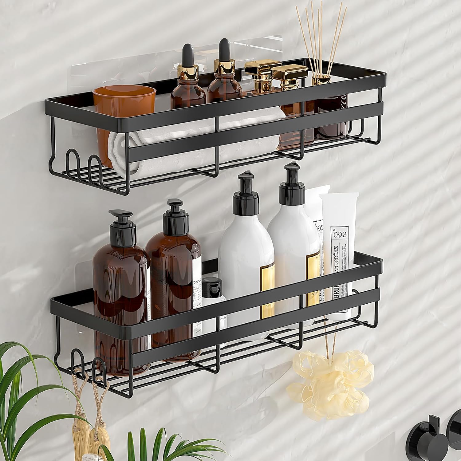 Wowbox Adhesive Shower Caddy Shelf, 2 Pack - Hanging Bathroom Organizer, No Drilling Stainless Black Shelves For Storage  Home Decor