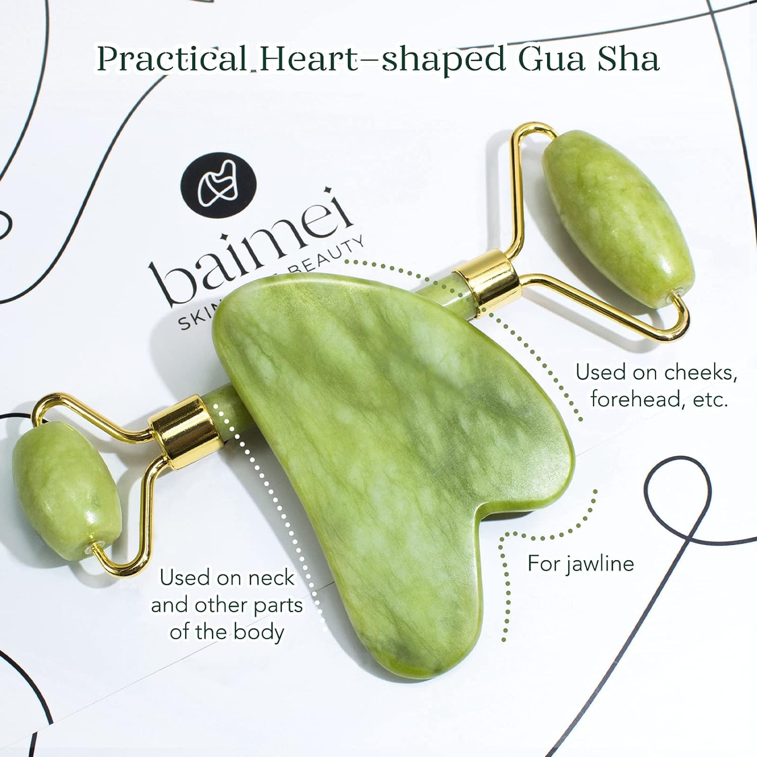 Baimei Icyme Gua Sha  Jade Roller Facial Tools Face Roller And Gua Sha Set For Puffiness And Redness Reducing Skin Care Routine, Self Care Gift For Men Women - Green