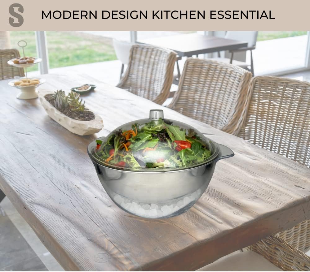 Stainless Steel Salad Serving Bowl On Ice With Lid, 5 Pieces Set With Serving Spoons For Shrimp, Fruits, Salads, Pasta, Desserts, Cocktail