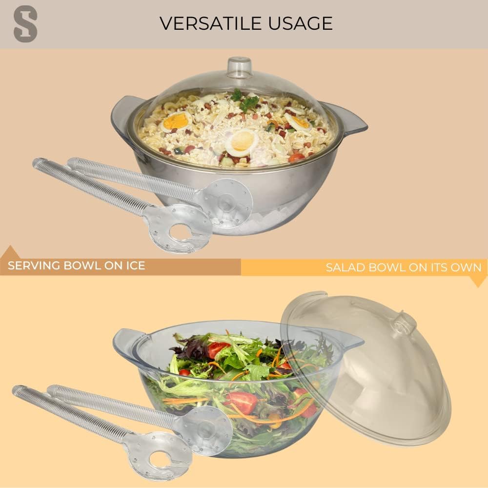 Stainless Steel Salad Serving Bowl On Ice With Lid, 5 Pieces Set With Serving Spoons For Shrimp, Fruits, Salads, Pasta, Desserts, Cocktail