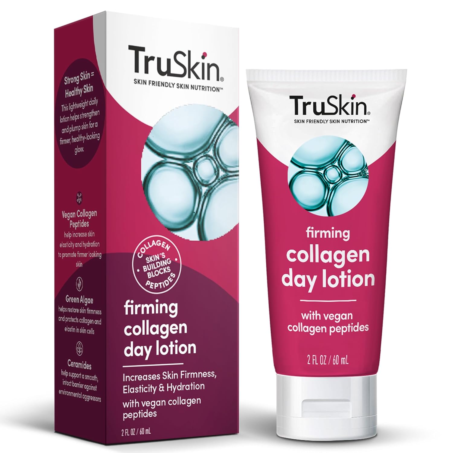 Truskin Collagen Cream For Face – Firming Day Lotion With Vegan Collagen Peptides, Tri-Ceramides  Green Algae – Anti Aging Skin Care Made To Strengthen  Plump Skin For A Firm, Healthy Glow - 2 Fl Oz