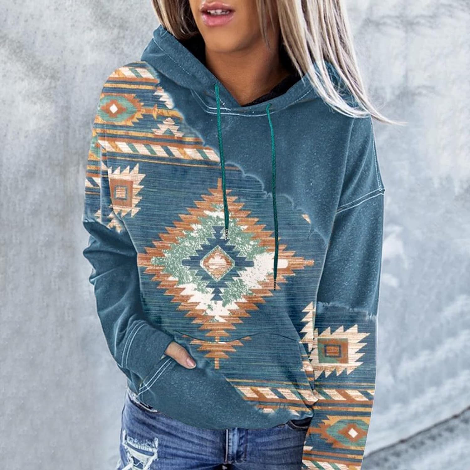 Womens Western Aztec Ethnic Style Hooded Sweatshirts Casual Folk Pullover Long Sleeve Pocket Hoodies