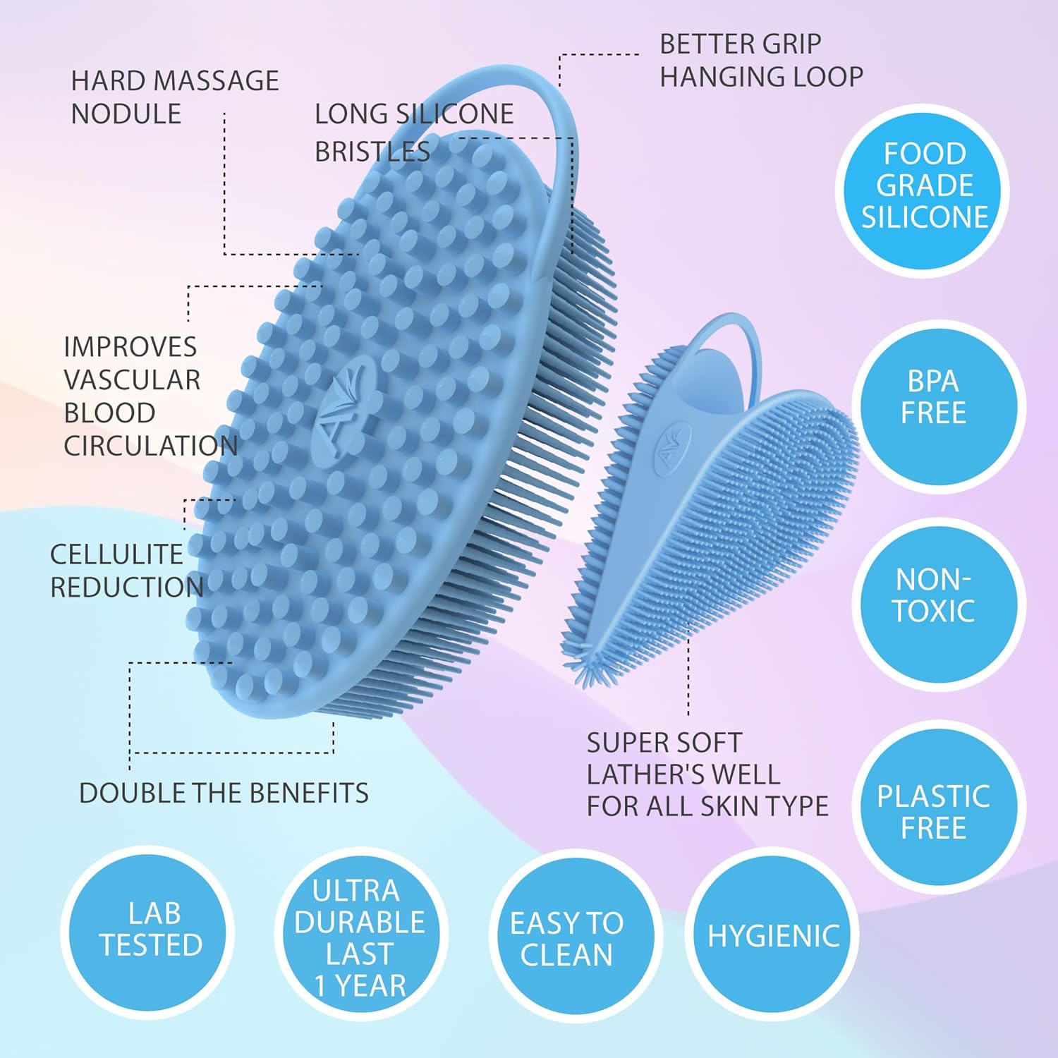 Avilana Exfoliating Silicone Body Scrubber Easy To Clean, Lathers Well, Long Lasting, And More Hygienic Than Traditional Loofah (Combo-Blue)