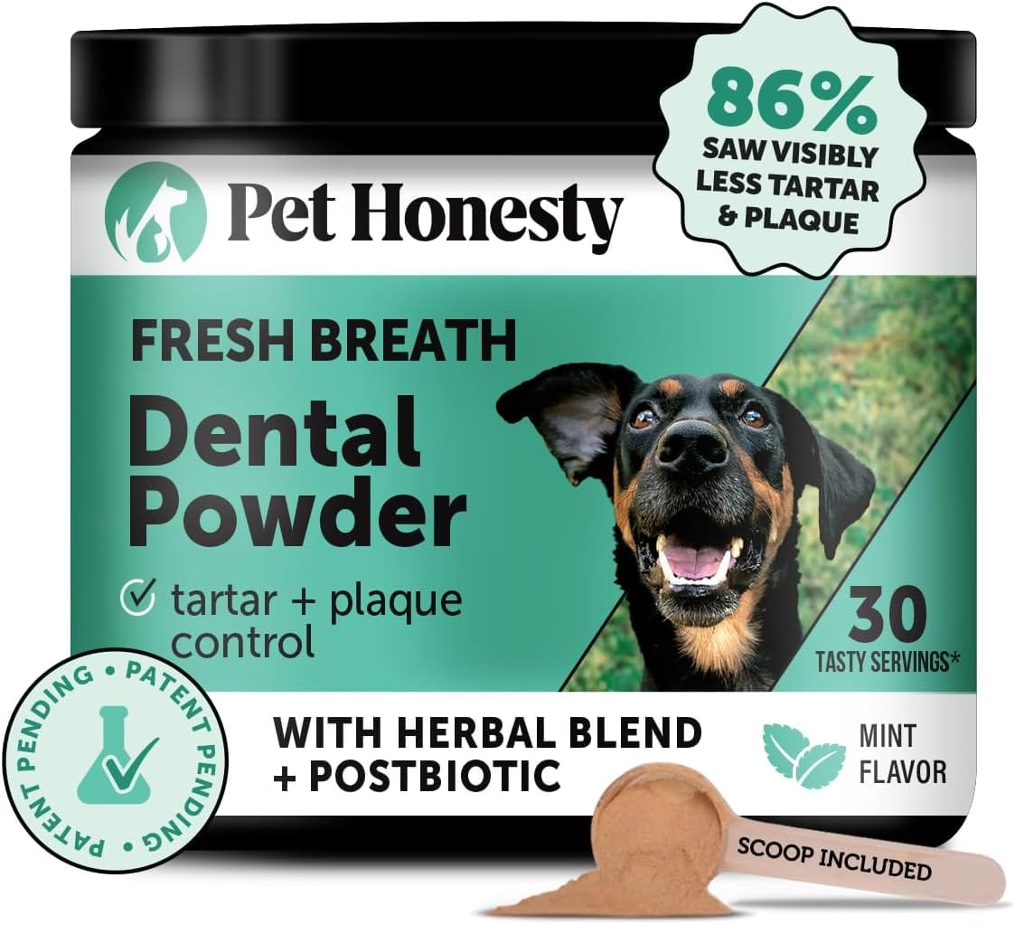 Pet Honesty Dog Breath Freshener Dental Powder for Teeth Cleaning Plaque Off, Dental Care for Dogs, Tartar Remover for Teeth with Natural Herbal Blend + Postbiotics (Mint – 30 Servings)