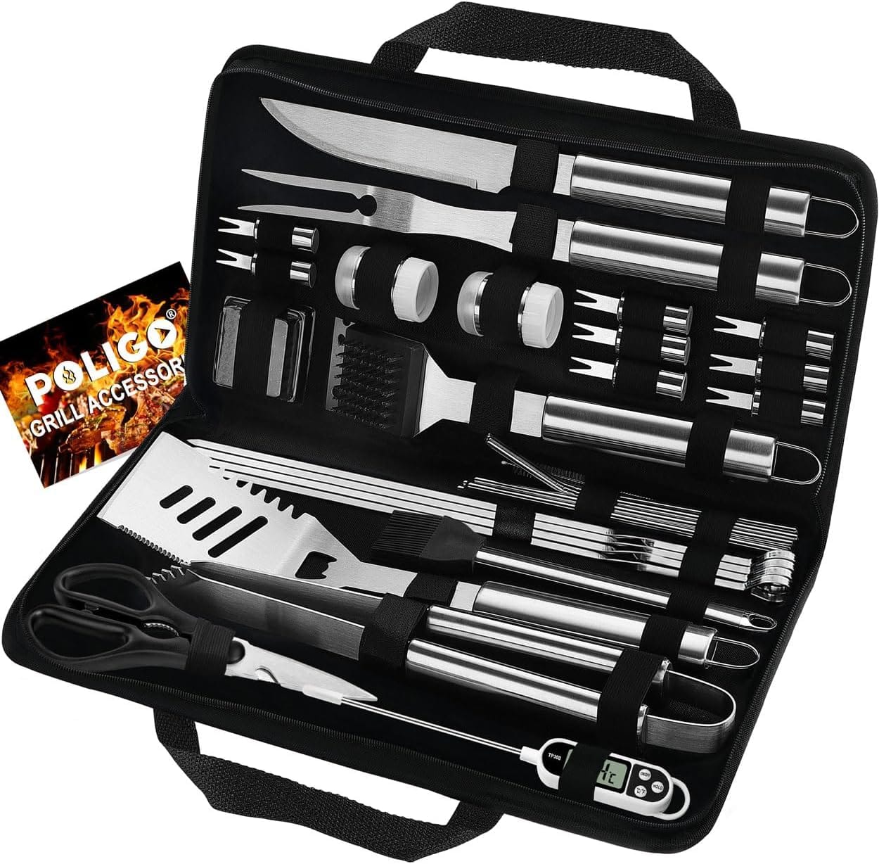 POLIGO 29 PCS BBQ Grill Accessories Stainless Steel BBQ Tools Grilling Tools Set with Storage Bag for Fathers Day Dads Birthday Presents – Camping Grill Utensils Set Ideal Grilling Gifts for Men Women