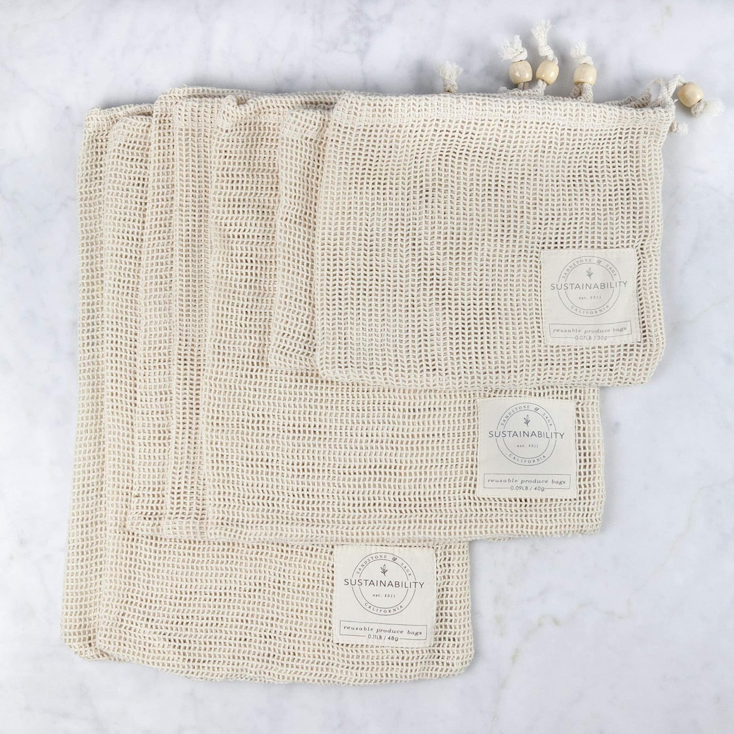 Reusable Produce Bags Organic Cotton | Home Essentials Sustainable Living, Washable Laundry, Travel Organizer, Zero Waste Biodegradable Drawstring Vegetable Mesh Grocery Bag | Set of 7 w/Tare Weights