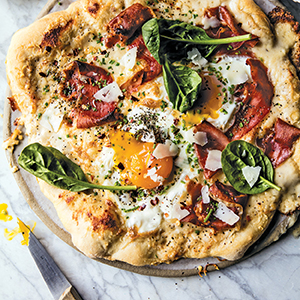 full color photograph of Croque Madame Breakfast Pizza from pg 25