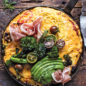 full color photograph of Farmhouse Cheddar and Angel Hair Frittata from pg 93