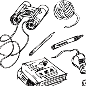 Cartoon sketch of binoculars, string, books, whistle, pencil, pen.