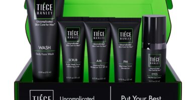 Tiege Hanley Skin Care Set for Men, Advanced Routine, System Level 2, Daily Face Wash, Facial Scrub, Two Moisturizers, and Eye Cream for Healthy, Hydrated Skin, Men’s Skin Care, 5 Piece Kit
