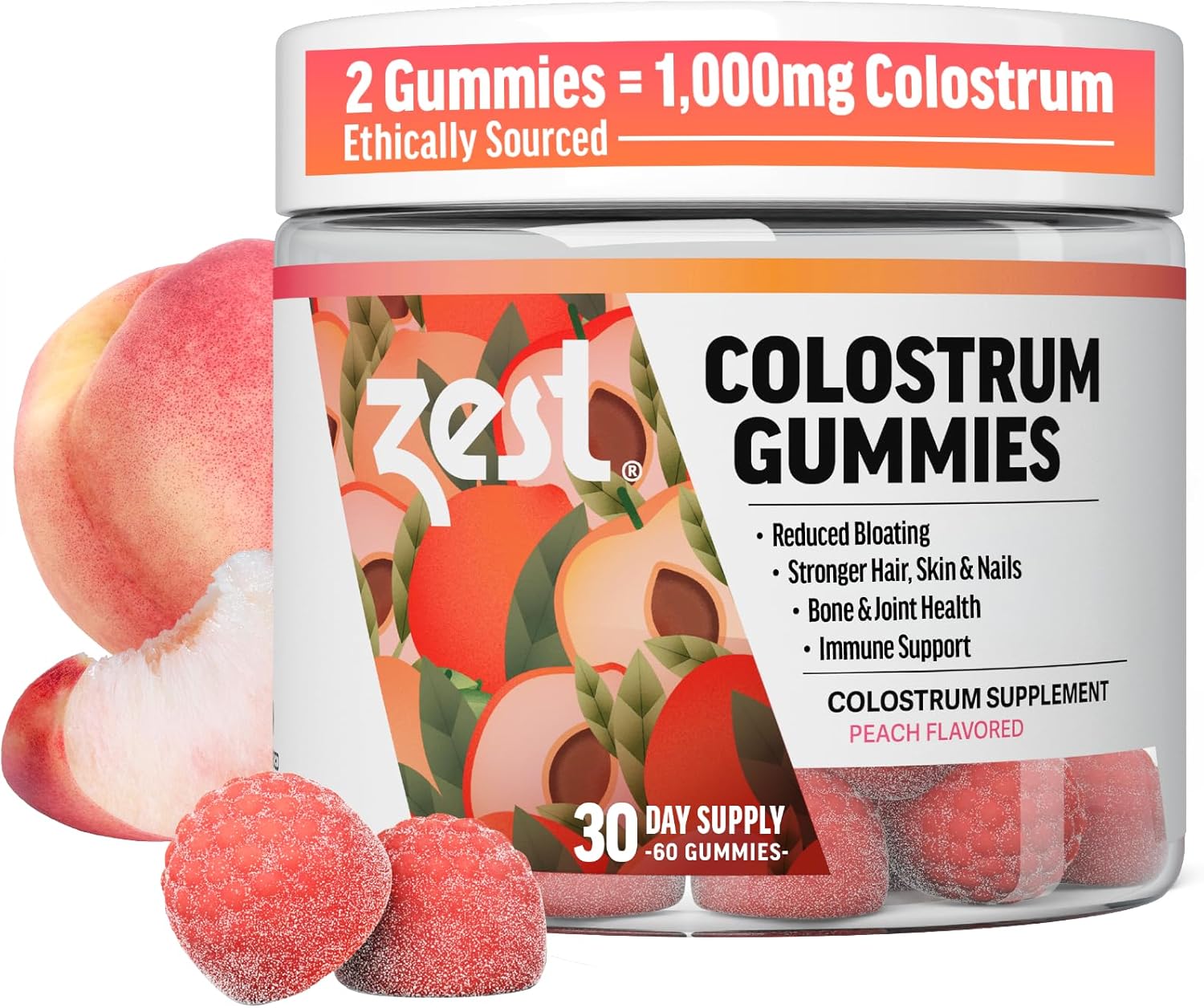 Zest Colostrum Supplement Gummy Chews for Adults – Ethically Sourced High IgG for Hair Health, Gut, Immunity, Bloating, Skin & Nails – Keto & Gluten Free – Peach Flavor (60 Gummies, 1,000mg Colostrum)