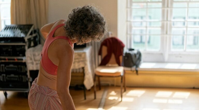 Woman with grey hair stretching in a sunlit room